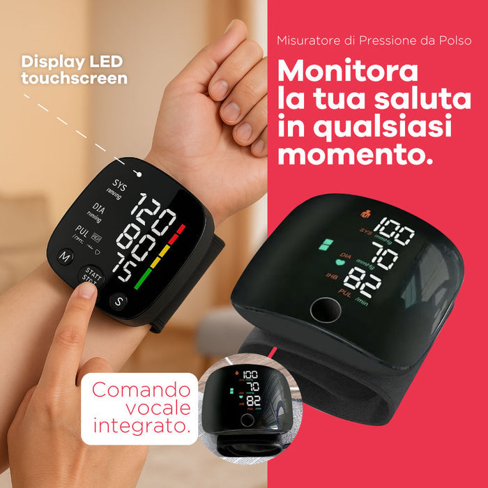 Misuratore di Pressione da Polso con Display LED Touchscreen e Voice Report Intelligente
